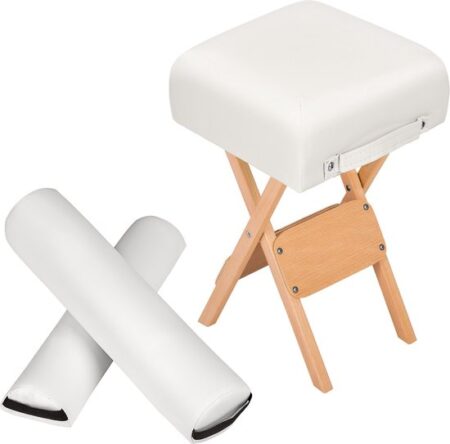 Afføring med to hvide rullehynder - Tilbehør til massageborde - Sæt afføring og puder lavet af syntetisk læder - Cylindrisk massagepude - Halvskolindr