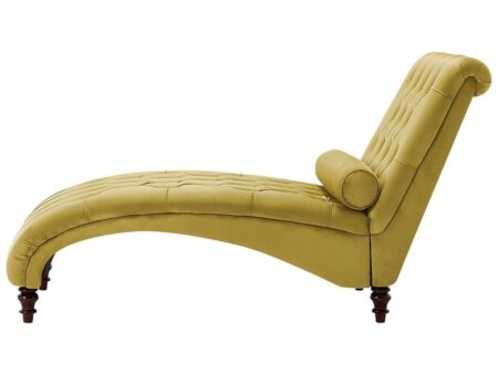 Chaiselong Gul Velour Mørk Træben Quiltet Chesterfield Mønster Daybed Ryg Pølsepude Psykolog Stol Tilbehør Vintage Glamour Stue Inspiration