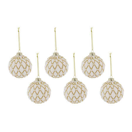 Designed by AMARA Christmas - Pillow Effect Tree Decoration - Set of 6 - White/Gold