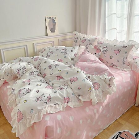 Kawaii Sanrio Hello Kitty Fire stykke sengetøj sæt Quilt Tegneserie Prinsesse Vind Komfortabel Quilt Betræk Pudebetræk Sheet Sød gave, g 200x230cm ...