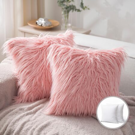 Luksus mongolsk fluffy imiteret pelsserie firkantet dekorativ pude cusion til sofa, x, pink, 2 pak / LX316 18x18in 45x45cm