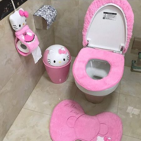 Sszfv Sanrio Hello Kitty toiletbetræk sæt Kawaii anime figur plys papir håndklædepumpe pude tæppe badeværelse husstand blød plys sød C