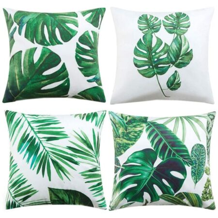 Tropical Leaves Decorations Set of 4 Soft Velvet Decorative Pillow Covers 18 x 18 with Tropical Palm Monstera Leaves Print for Summer Green Decor